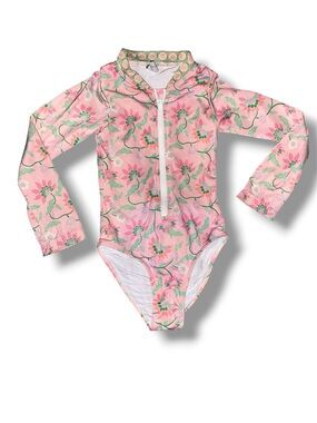 Olga Valentine Girls Pink Floral Long-Sleeve Rashguard Swimsuit with Front Zip